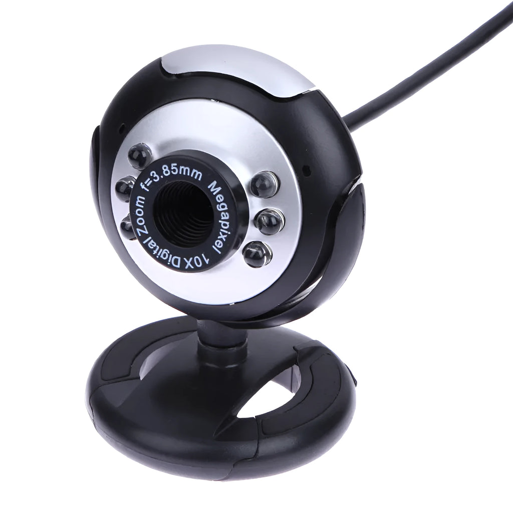 USB computer webcam with six white LED lights and a manual focus ring on the front.