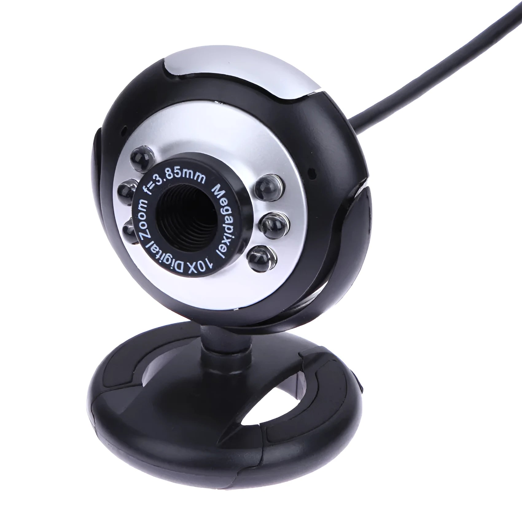 USB computer webcam with six white LED lights and a manual focus ring on the front.