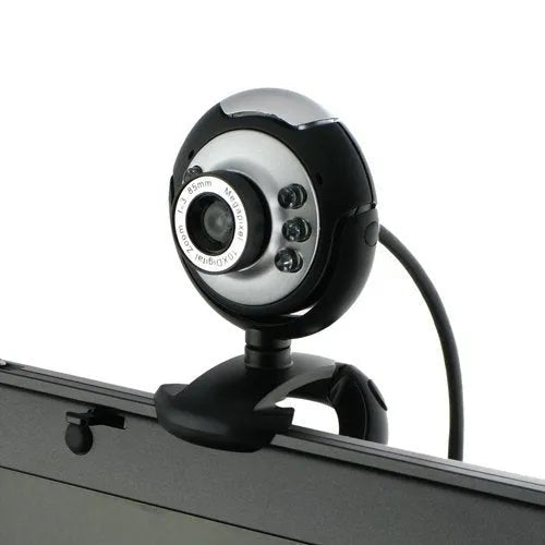 USB computer webcam with six white LED lights and a manual focus ring on the front.