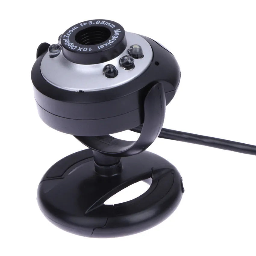 USB computer webcam with six white LED lights and a manual focus ring on the front.