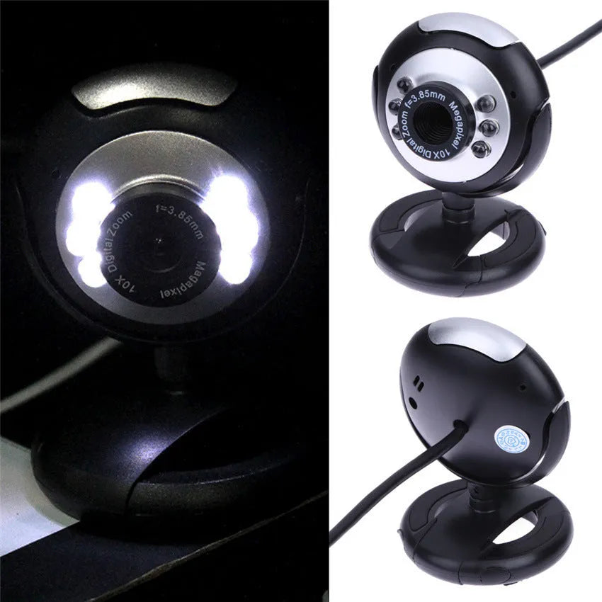 USB computer webcam with six white LED lights and a manual focus ring on the front.