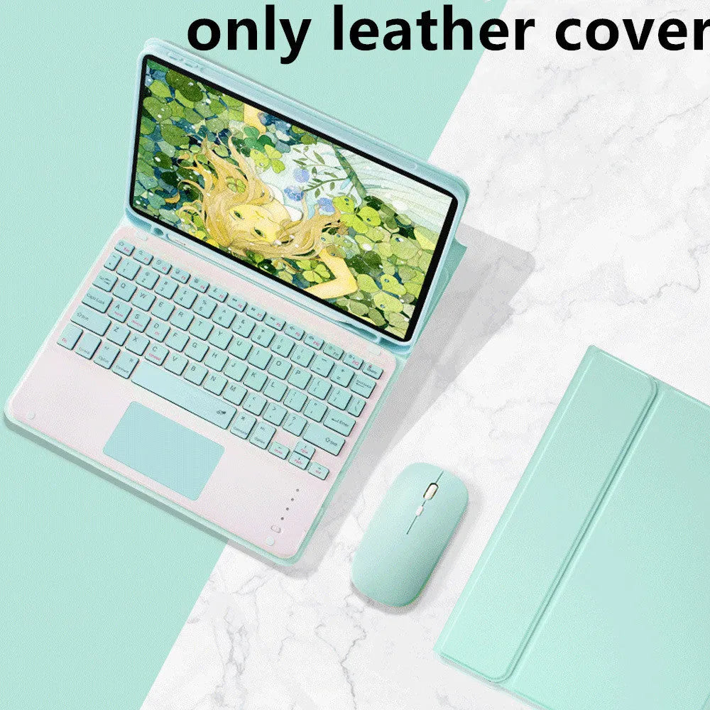 Clamshell tablet keyboard protector with touch keyboard and Bluetooth mouse for all iPad sizes, black imitation leather and TPU