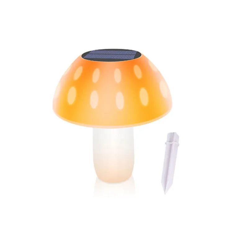 Solar garden mushroom light with ground spike for lawn and pathway illumination.