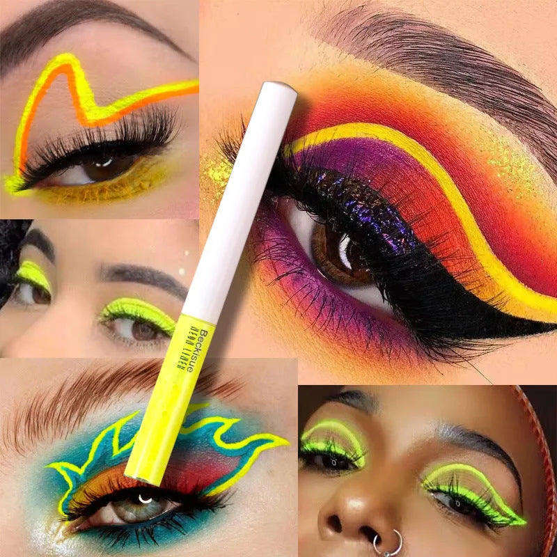 UV neon liquid glitter eyeliner in eight fluorescent shades with quick-dry waterproof formula and 10g tube