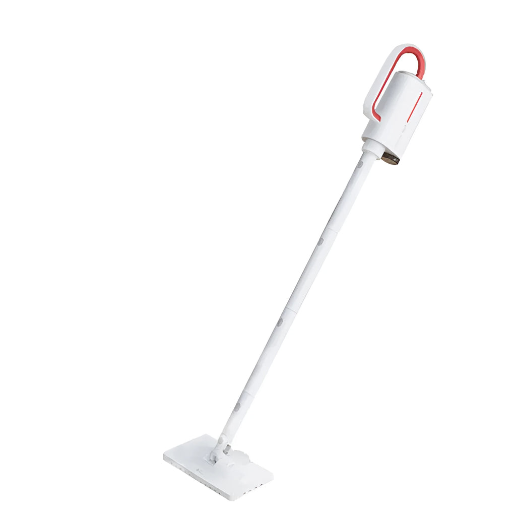 Deerma DEM-ZQ610 white steam cleaner with brush heads and glass scraper on a grey surface