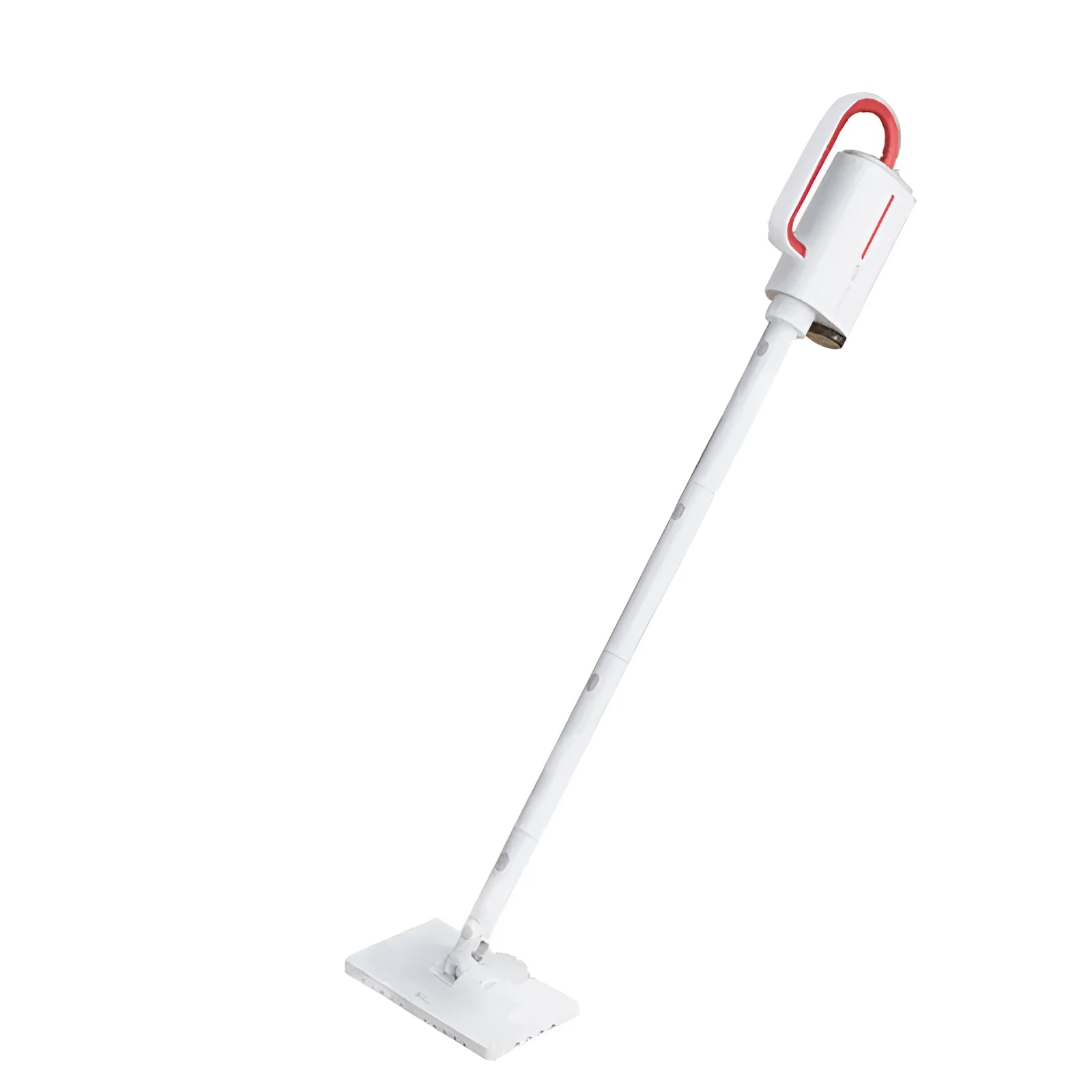 Deerma DEM-ZQ610 white steam cleaner with brush heads and glass scraper on a grey surface