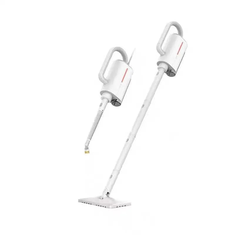 Deerma DEM-ZQ610 white steam cleaner with brush heads and glass scraper on a grey surface