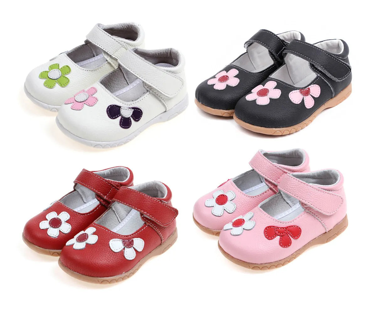 Children's Velcro leather princess shoes with square toe and embroidery detailing in multiple colours