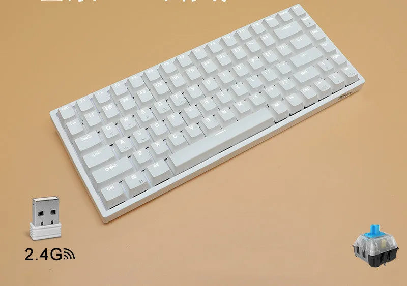 White 84-key mechanical keyboard with white backlighting and red switches on a desk