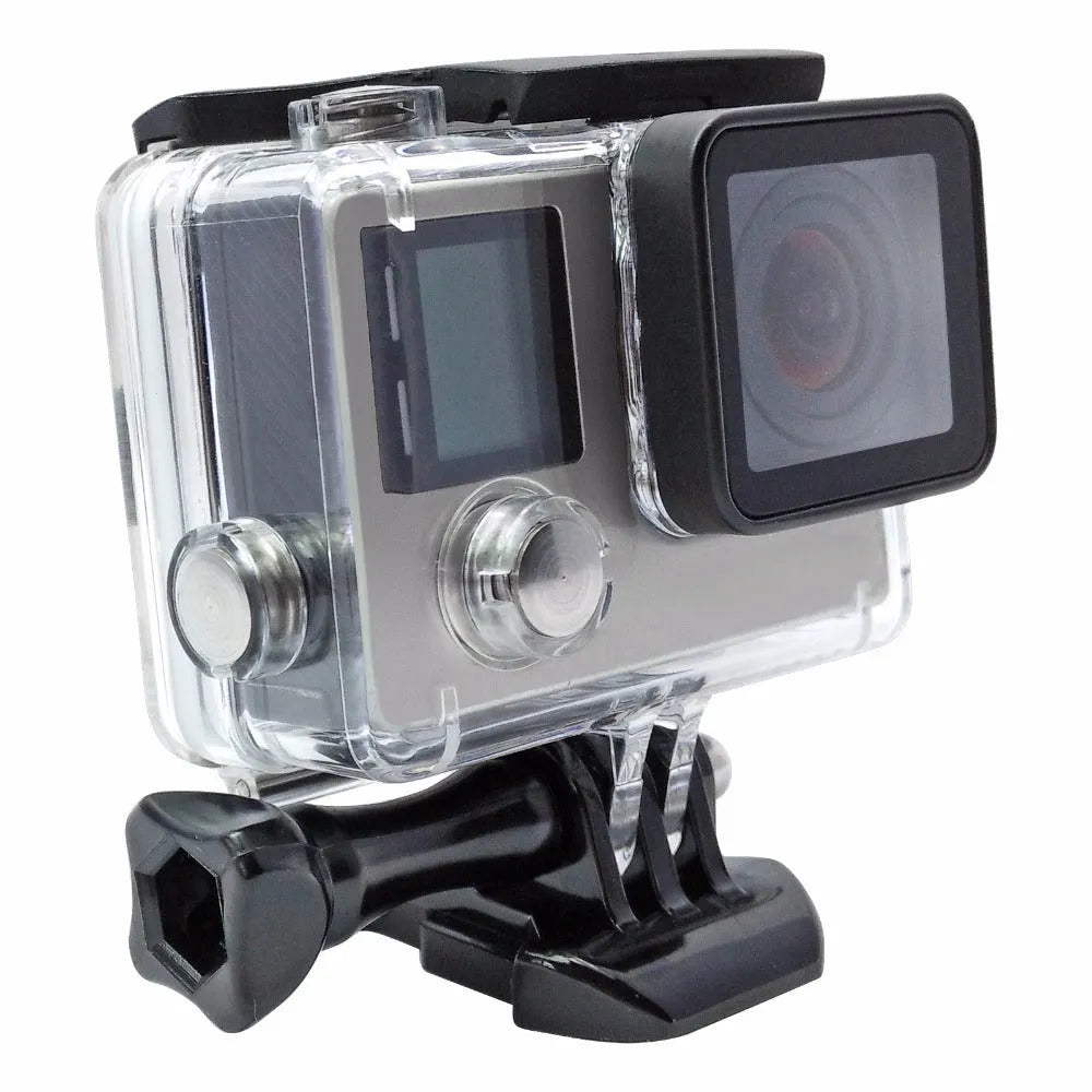 Transparent waterproof housing case for GoPro Hero 4 and 3 Plus with black trim and 30 metre dive rating