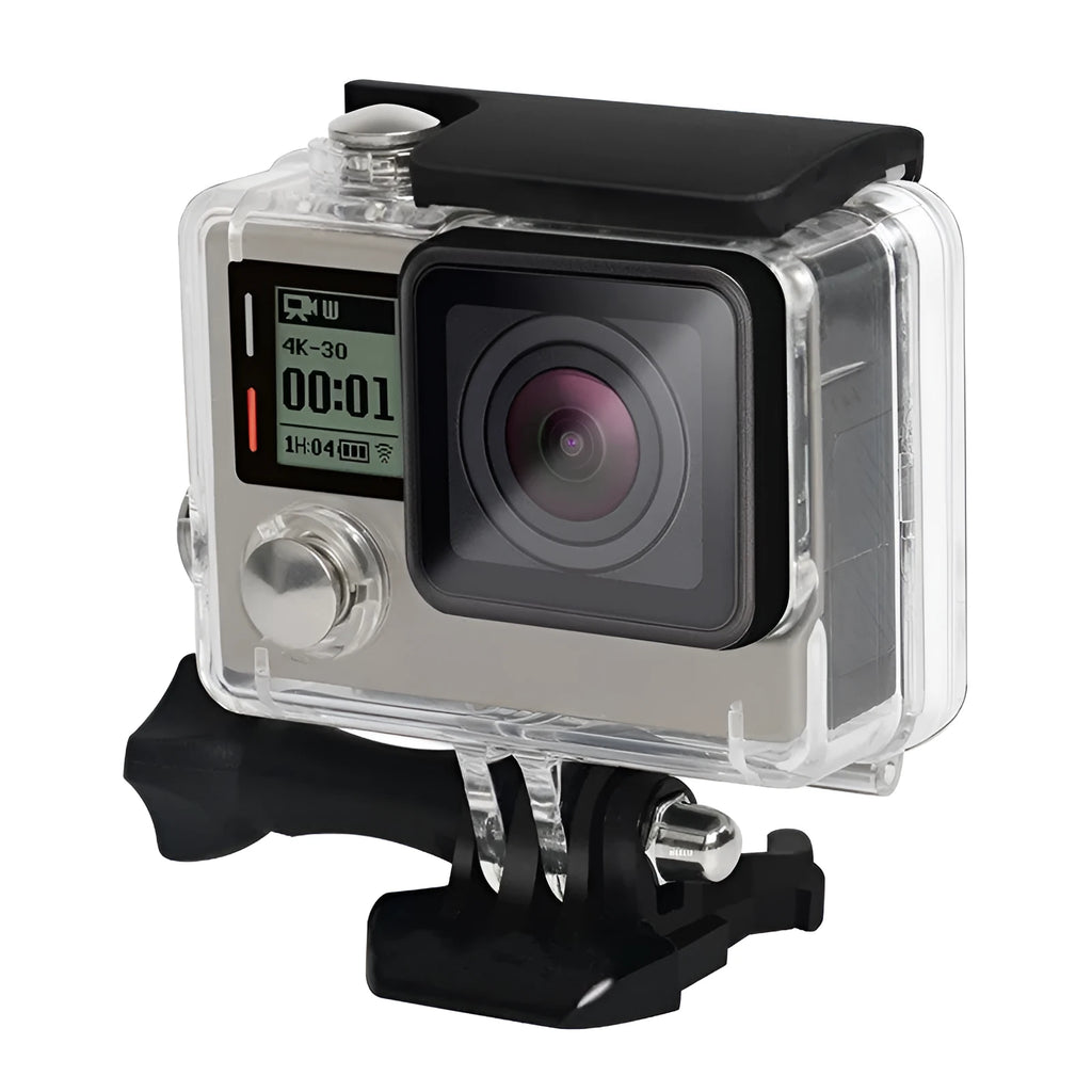 Transparent waterproof housing case for GoPro Hero 4 and 3 Plus with black trim and 30 metre dive rating