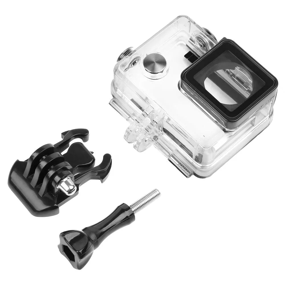 Transparent waterproof housing case for GoPro Hero 4 and 3 Plus with black trim and 30 metre dive rating