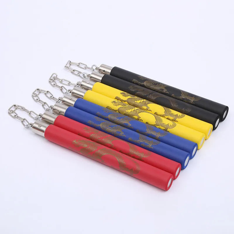 Red sponge nunchaku with EVA foam padding showing 28cm sticks connected by chain