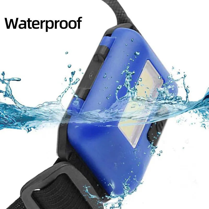 Compact outdoor mini LED headlight with headstrap in black, blue, or red colour.