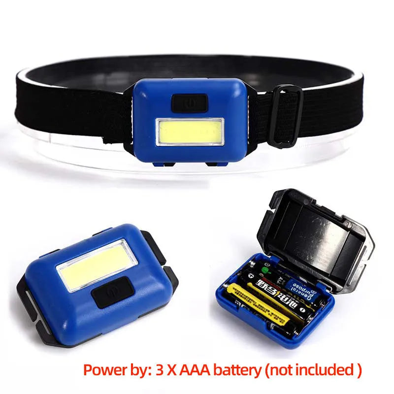 Compact outdoor mini LED headlight with headstrap in black, blue, or red colour.