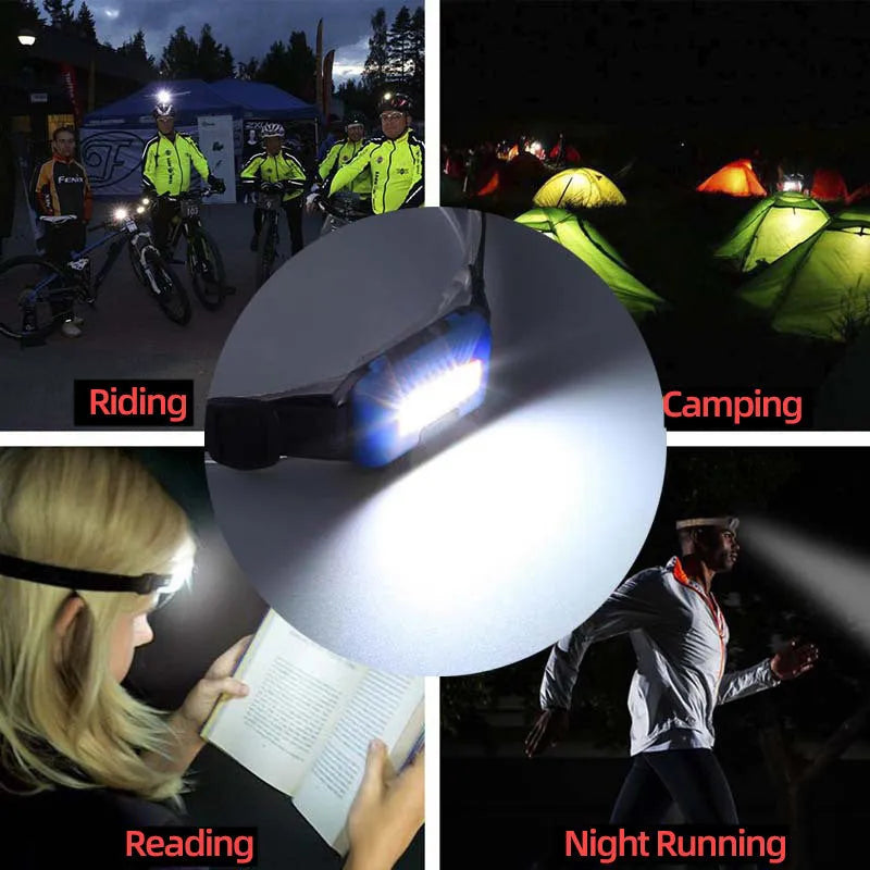 Compact outdoor mini LED headlight with headstrap in black, blue, or red colour.