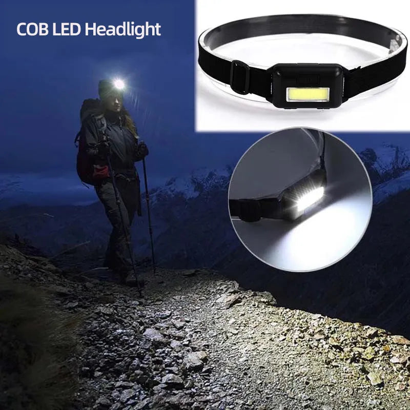 Compact outdoor mini LED headlight with headstrap in black, blue, or red colour.