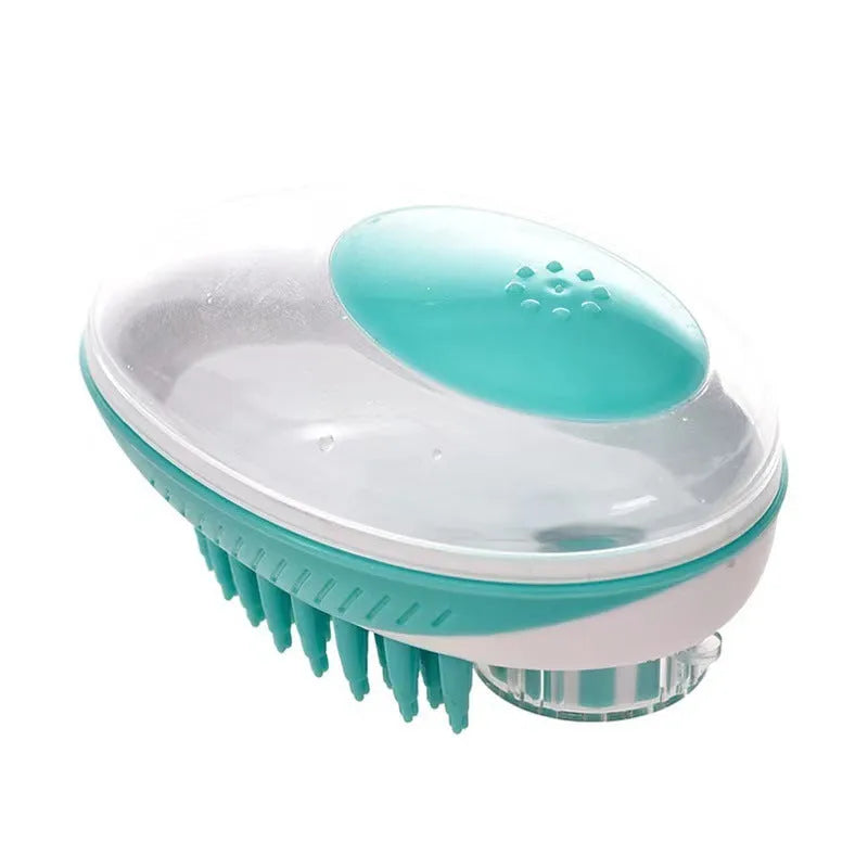 Silicone pet bath brush in blue with liquid storage compartment for cats and dogs