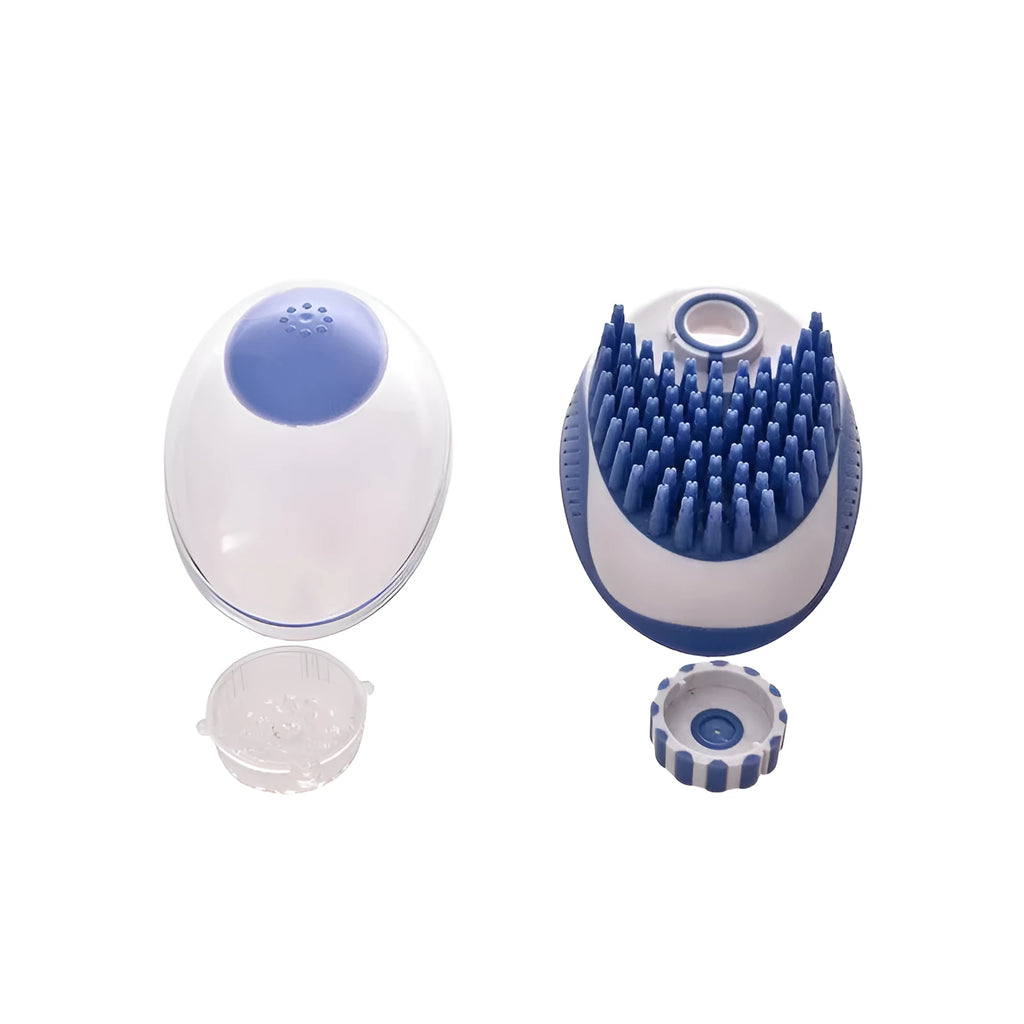Silicone pet bath brush in blue with liquid storage compartment for cats and dogs