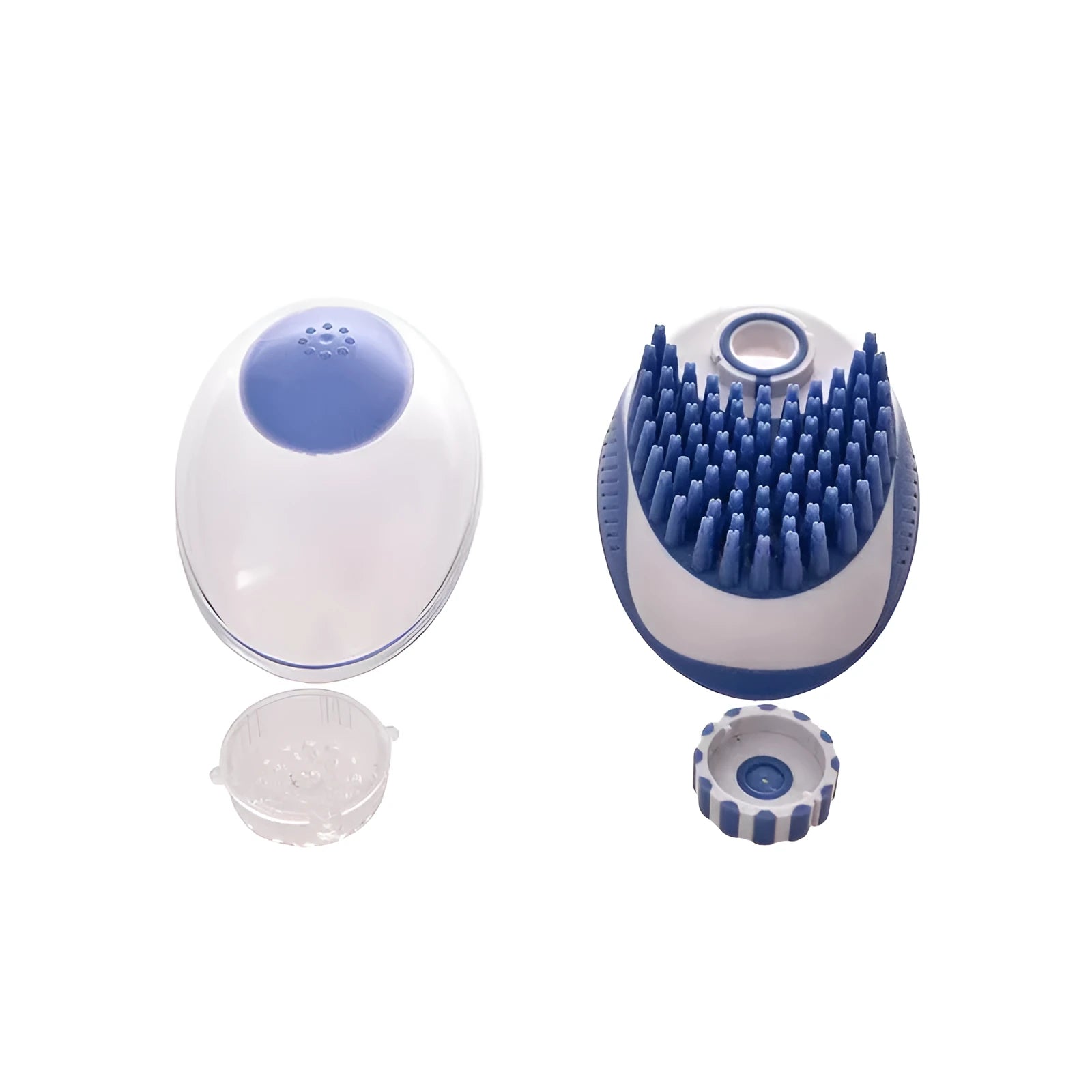Silicone pet bath brush in blue with liquid storage compartment for cats and dogs