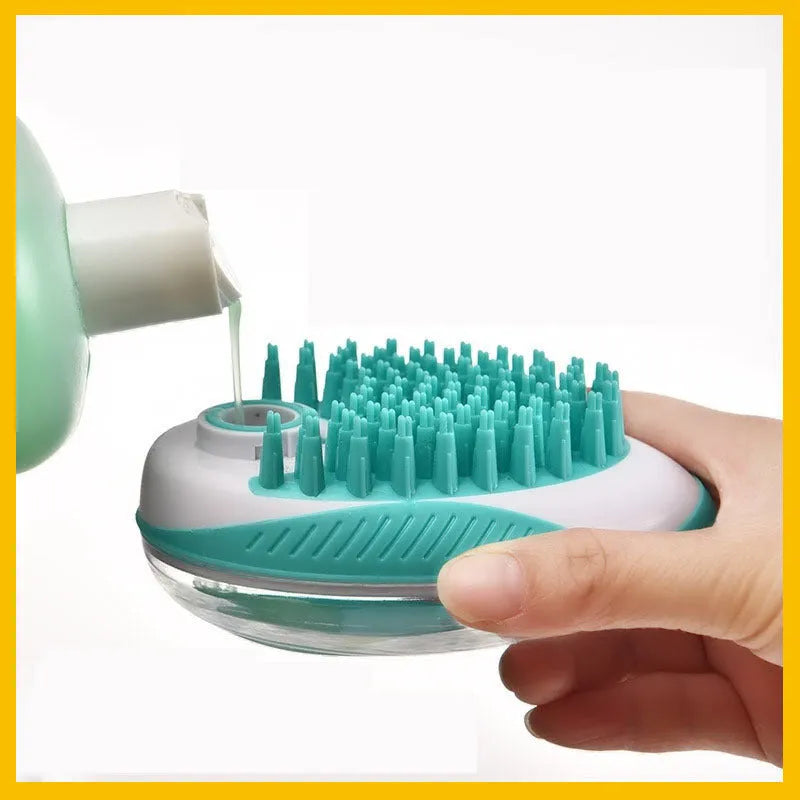 Silicone pet bath brush in blue with liquid storage compartment for cats and dogs