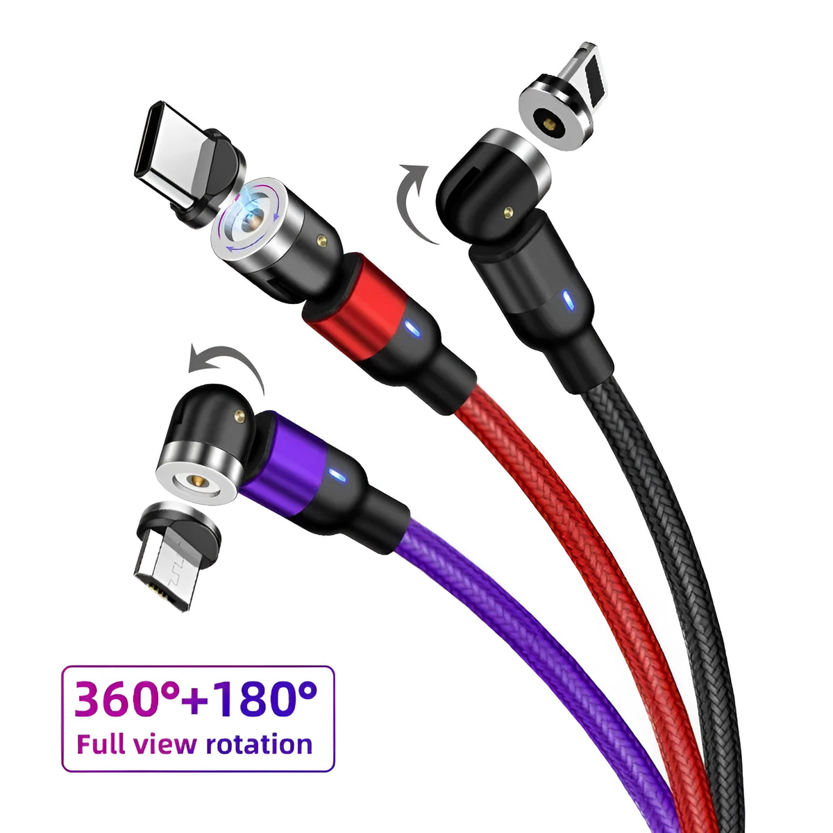 Magnetic data cable with 540-degree rotating head and three-in-one connectors in black, purple and red, 1m length