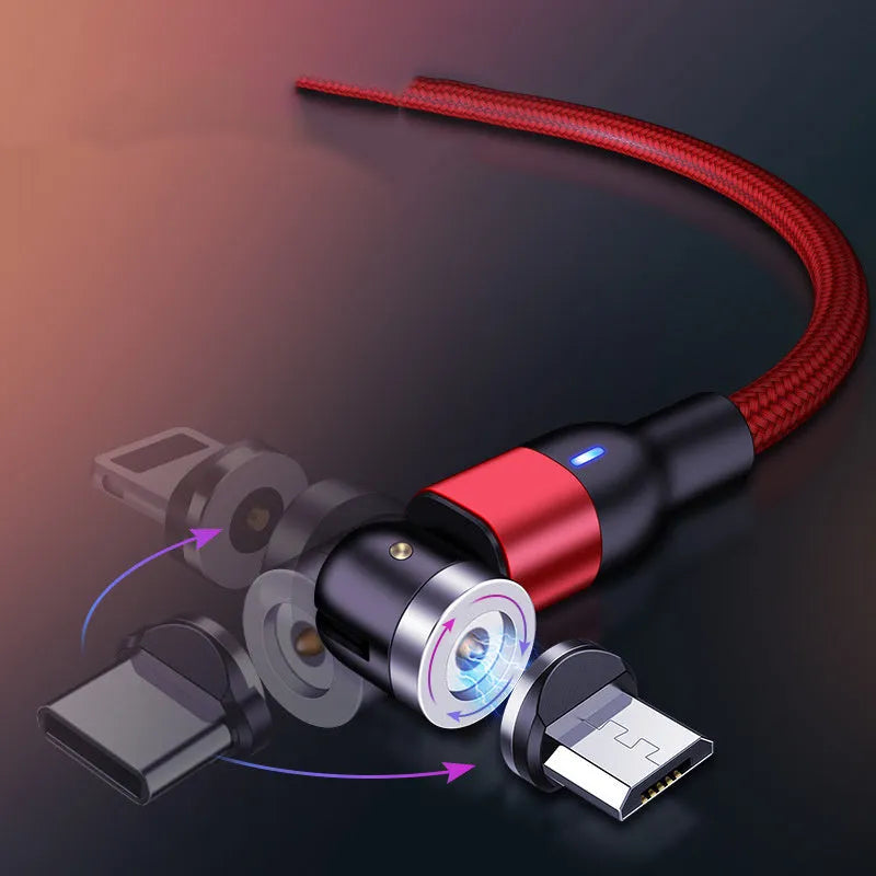 Magnetic data cable with 540-degree rotating head and three-in-one connectors in black, purple and red, 1m length