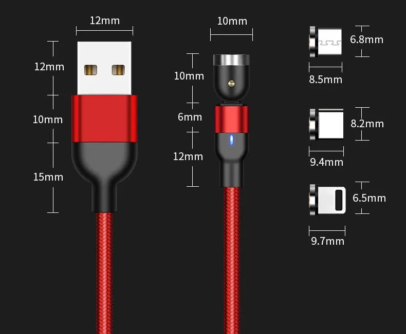Magnetic data cable with 540-degree rotating head and three-in-one connectors in black, purple and red, 1m length