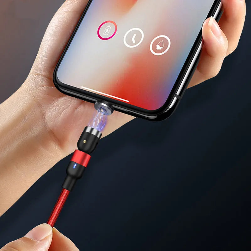 Magnetic data cable with 540-degree rotating head and three-in-one connectors in black, purple and red, 1m length