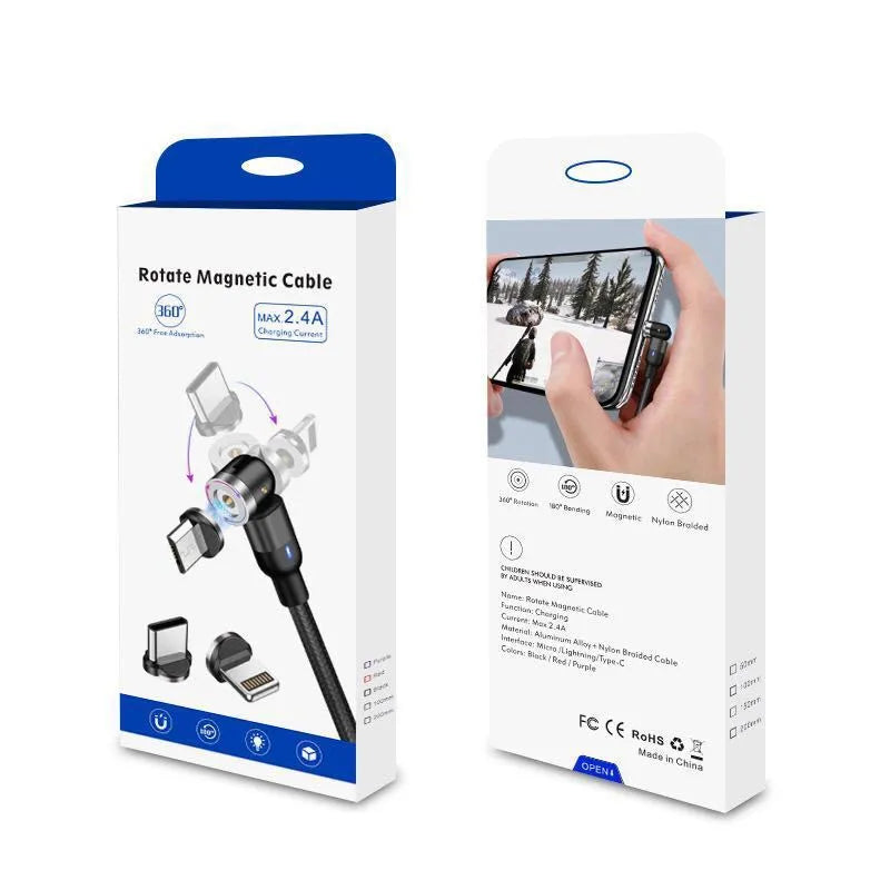 Magnetic data cable with 540-degree rotating head and three-in-one connectors in black, purple and red, 1m length