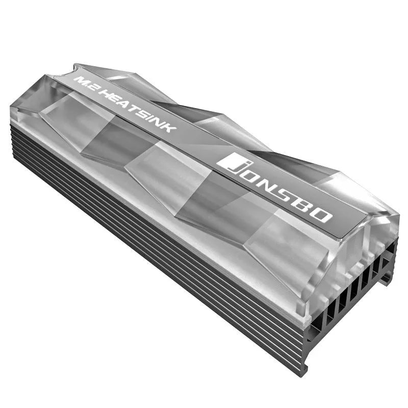 M.2 hard drive cooler with 5V colour changing fan and heat pipe on black background