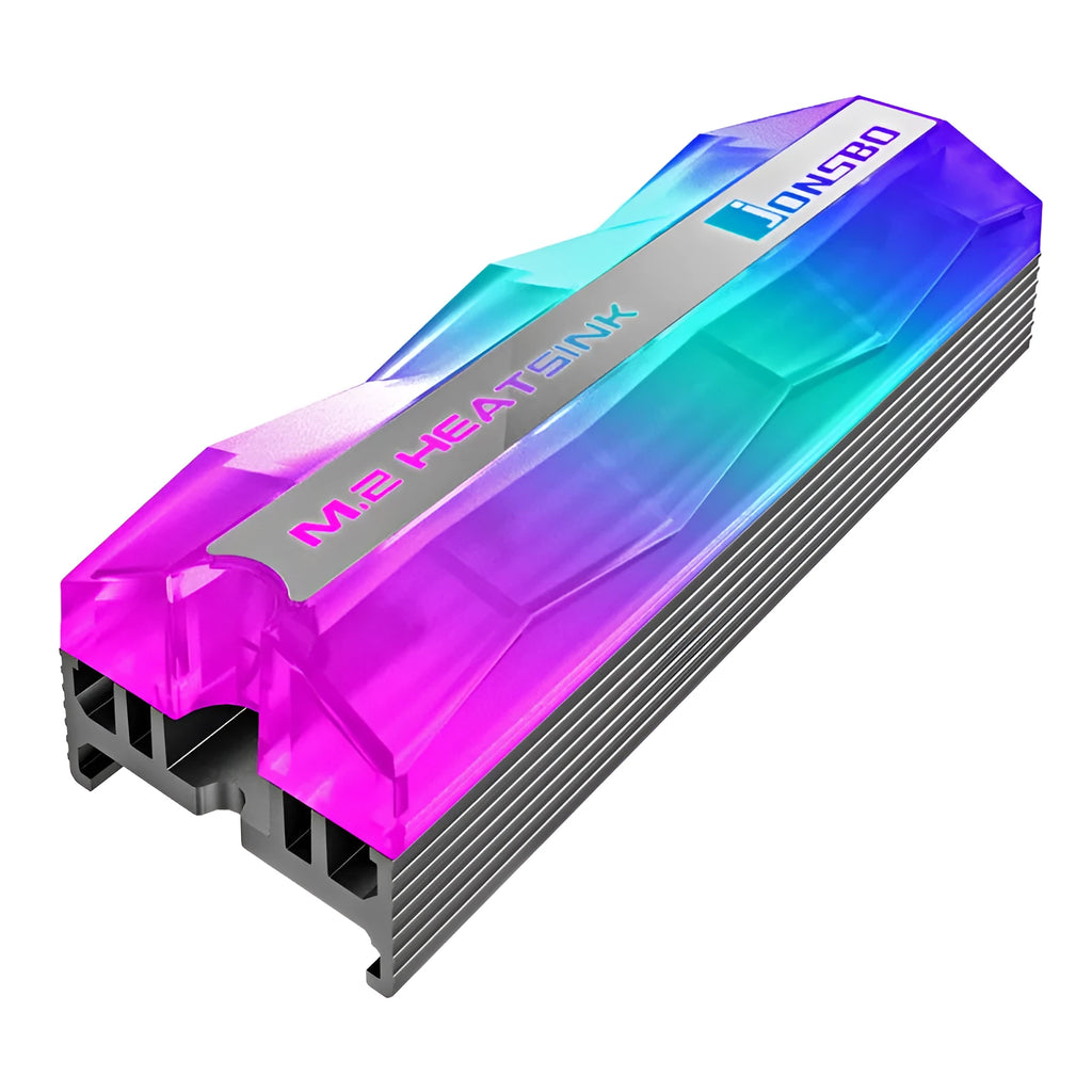 M.2 hard drive cooler with 5V colour changing fan and heat pipe on black background