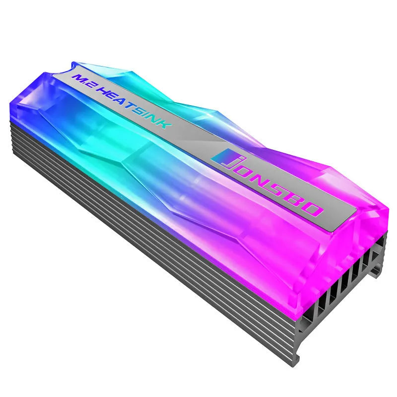 M.2 hard drive cooler with 5V colour changing fan and heat pipe on black background