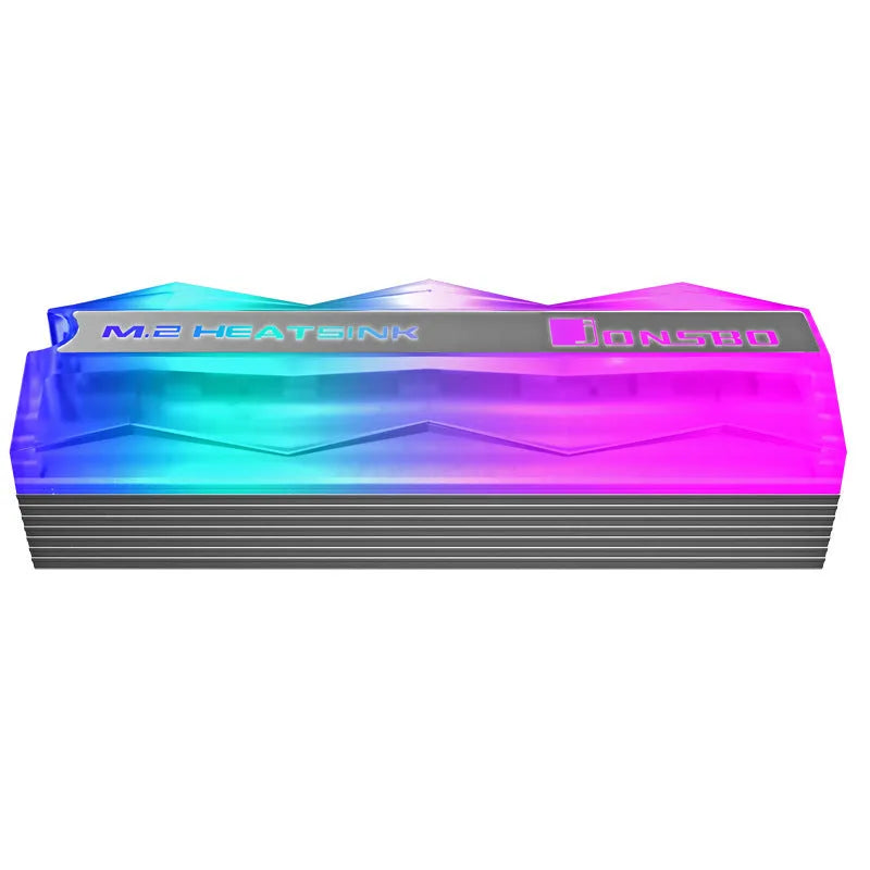 M.2 hard drive cooler with 5V colour changing fan and heat pipe on black background