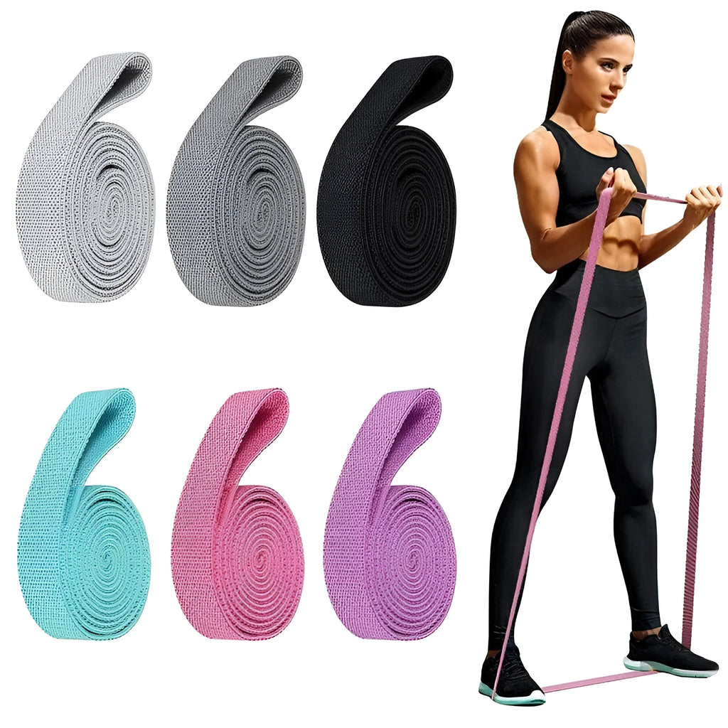 Yoga stretch band 200cm x 4cm in polyester cotton and latex silk, cyan colour on fitness mat