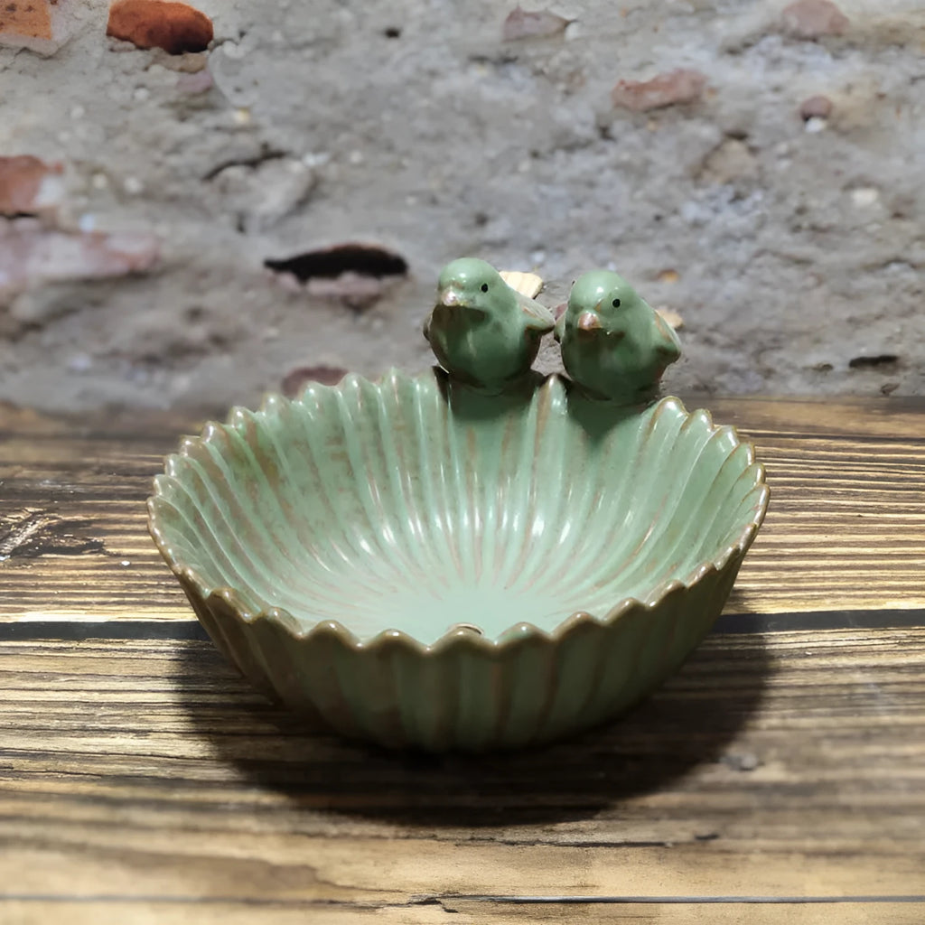 Green ceramic European style bird feeder fruit plate with flower pot for home garden and balcony decoration