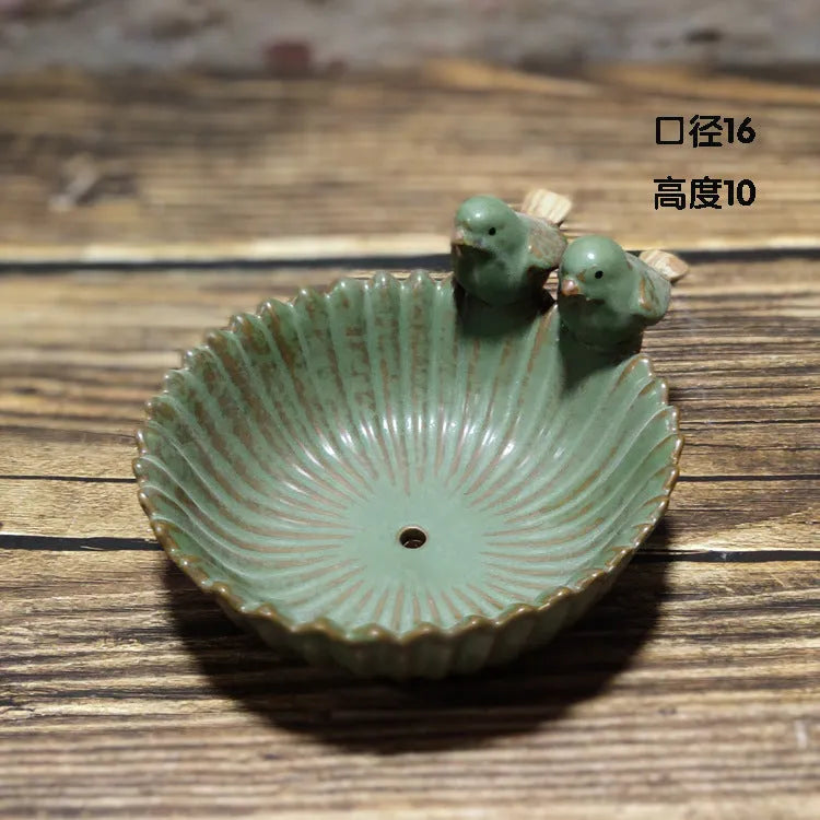 Green ceramic European style bird feeder fruit plate with flower pot for home garden and balcony decoration