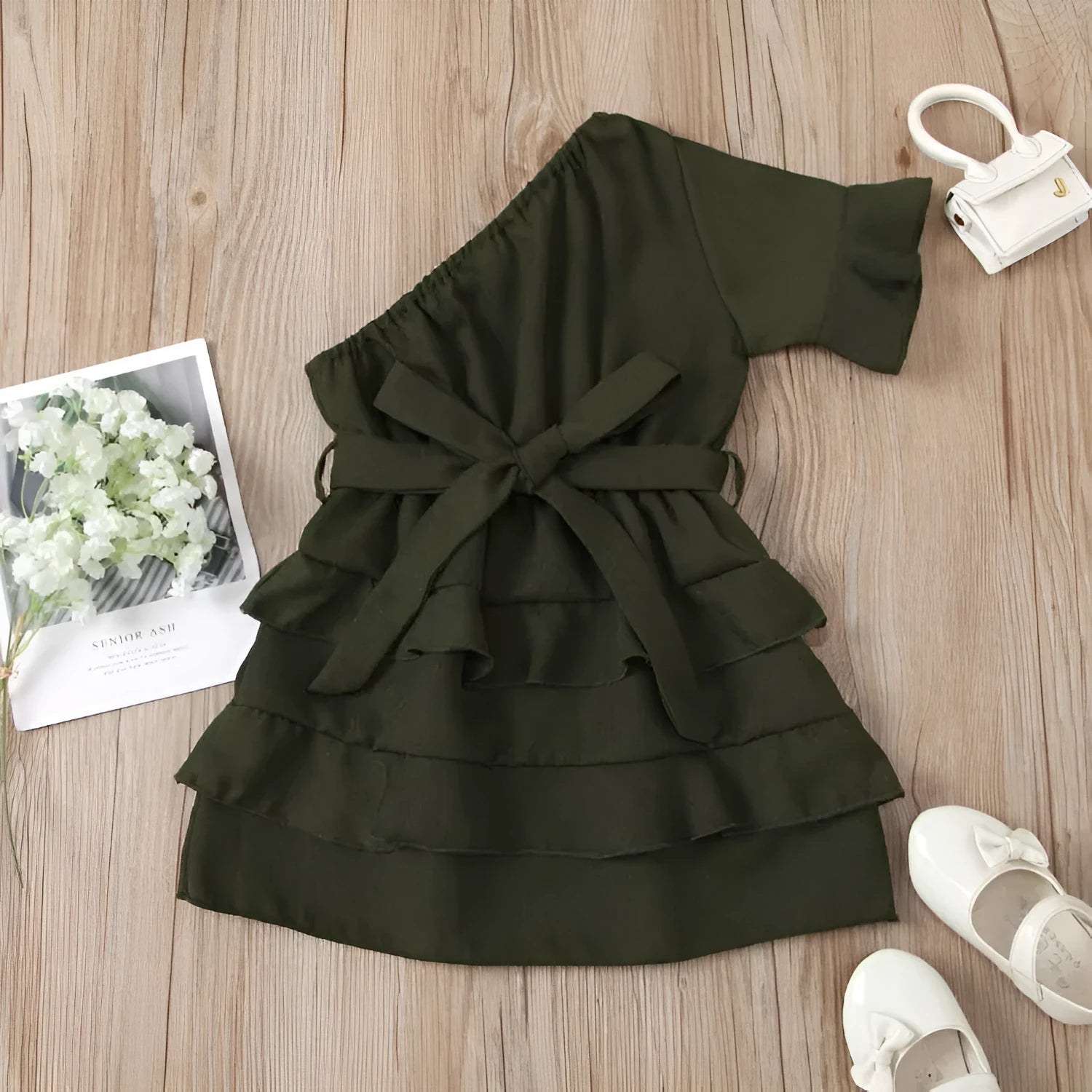 Solid colour dark green hooded jumpsuit for girls aged 18 months to 2 years