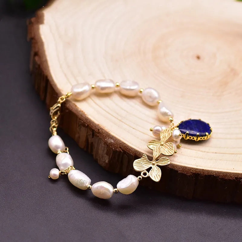 Handmade baroque pearl bracelet for women with white freshwater pearl inlay geometric design