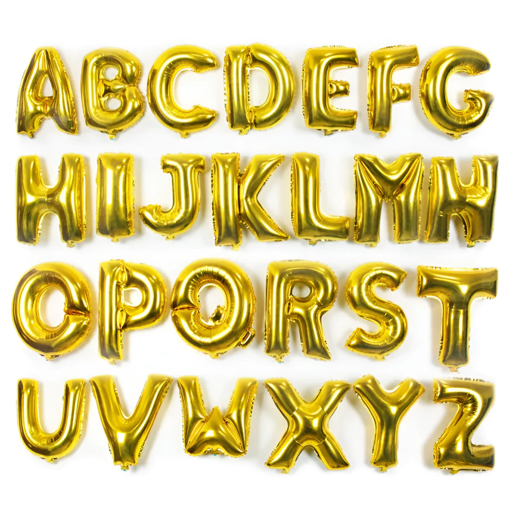 Set of five metallic aluminium film letter balloons in Blue, Gold, Pink, Rose Gold, and Silver, isolated on white background