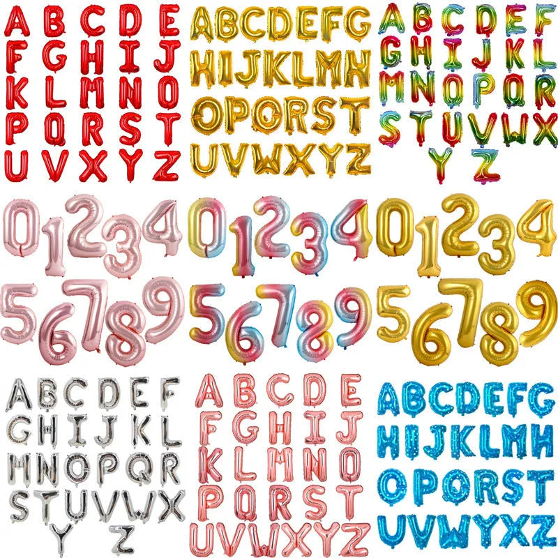 Set of five metallic aluminium film letter balloons in Blue, Gold, Pink, Rose Gold, and Silver, isolated on white background