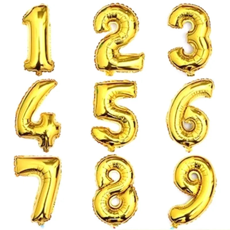 Set of five metallic aluminium film letter balloons in Blue, Gold, Pink, Rose Gold, and Silver, isolated on white background