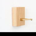 Modern beech wood and brass adhesive wall hook in five shapes, showing 10kg load capacity.