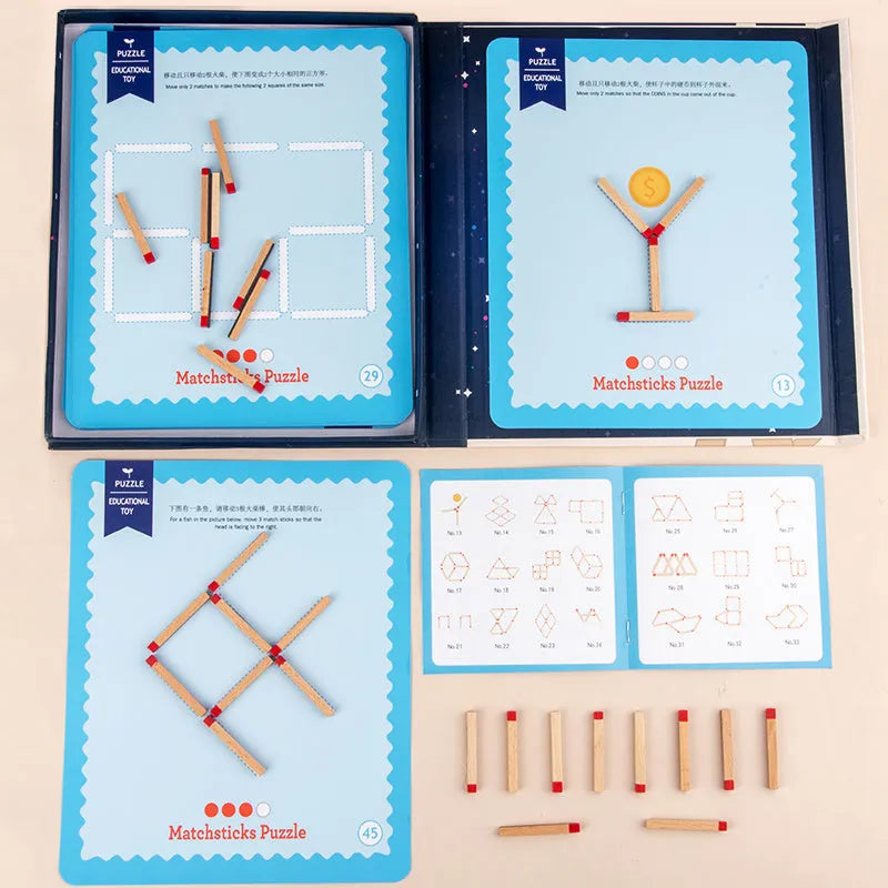 Montessori wooden educational toy with matches and question cards for children's puzzle solving.