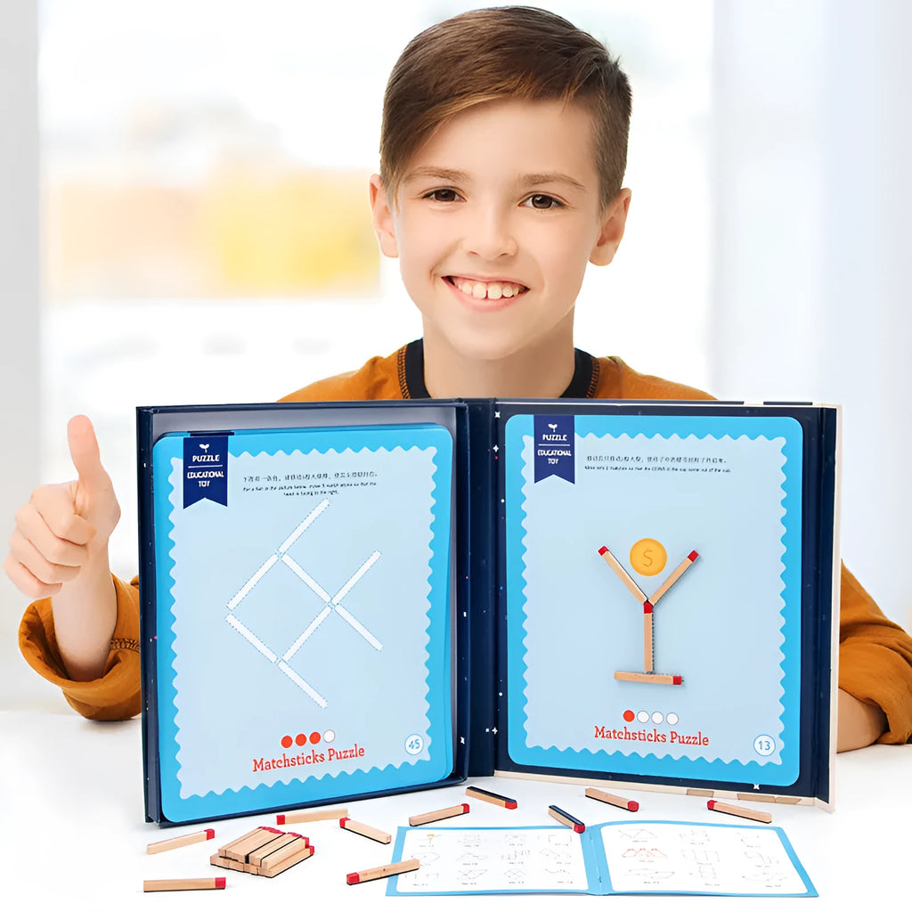 Montessori wooden educational toy with matches and question cards for children's puzzle solving.
