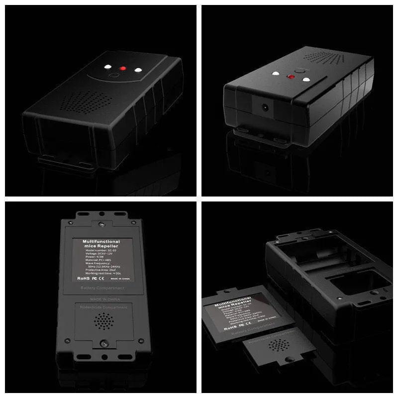 Black square car mouse repeller, 12.5 x 6.5 x 3.2cm, with DC line, USB cable, cable tie and manual