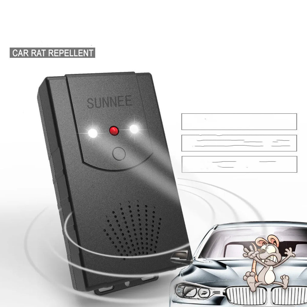 Black square car mouse repeller, 12.5 x 6.5 x 3.2cm, with DC line, USB cable, cable tie and manual