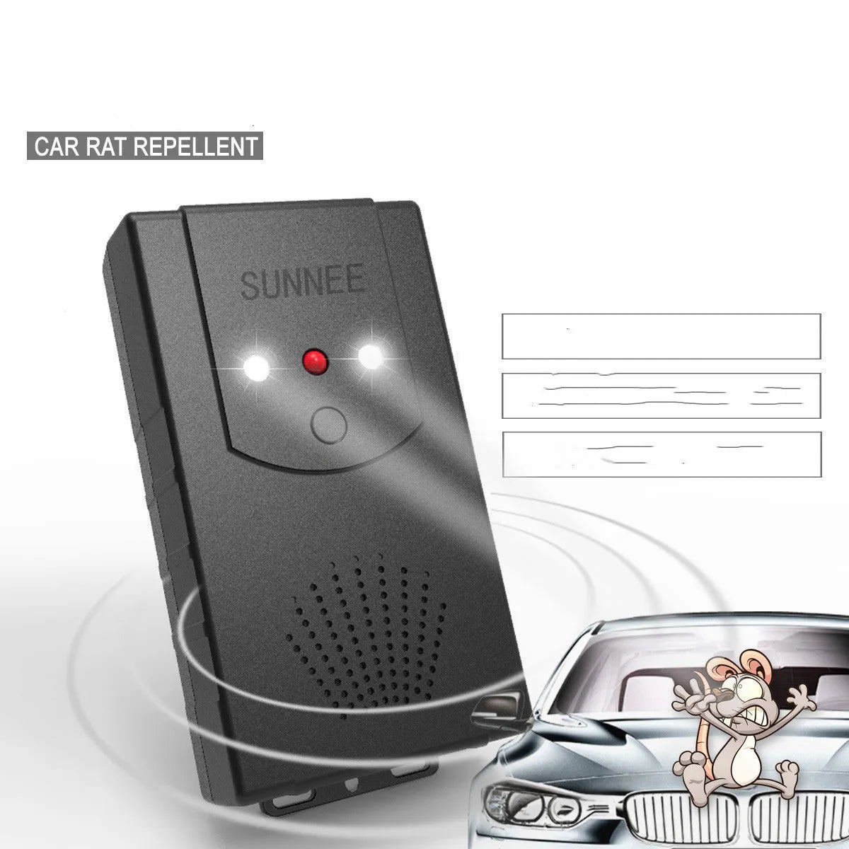 Black square car mouse repeller, 12.5 x 6.5 x 3.2cm, with DC line, USB cable, cable tie and manual