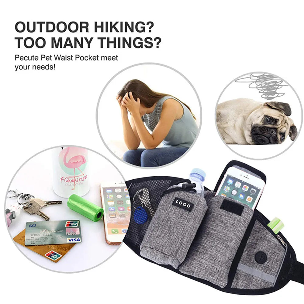 Dog training waist bag with drawstring pocket and mesh pouches for treats, clicker, and phone, in Oxford cloth, black colour