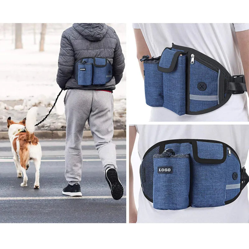 Dog training waist bag with drawstring pocket and mesh pouches for treats, clicker, and phone, in Oxford cloth, black colour